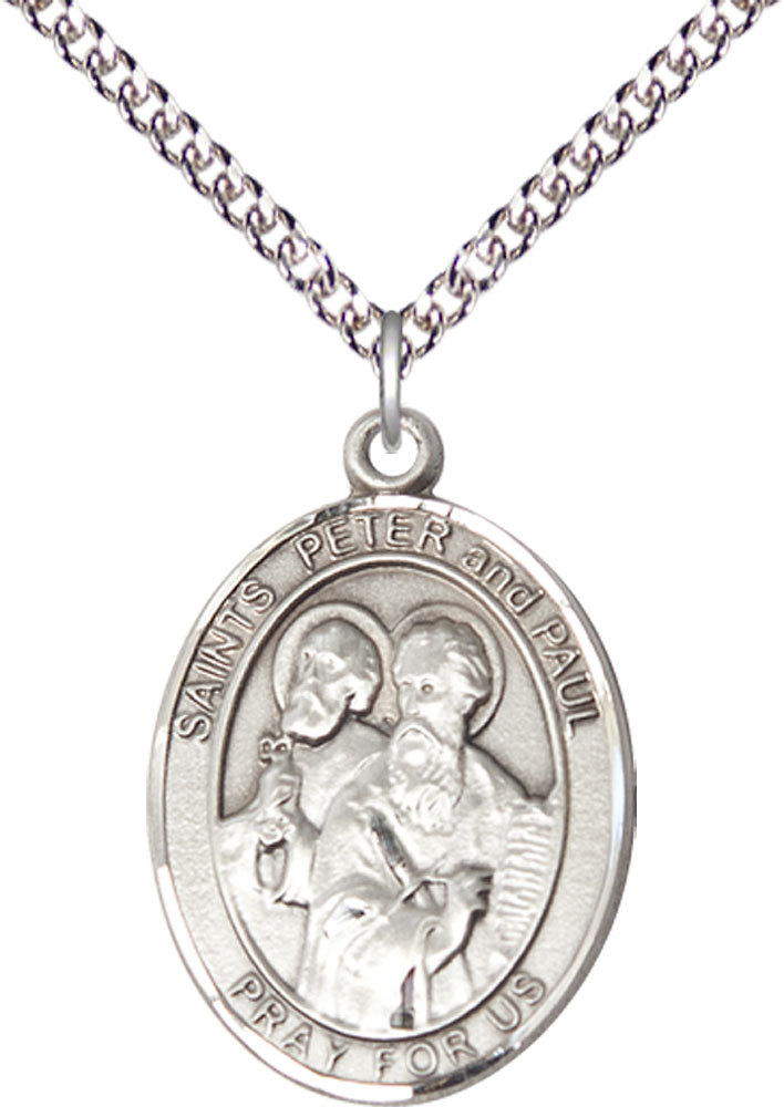 Sterling Silver Saint Peter St Paul Pendant on a 24 inch Sterling Silver Heavy Curb chain