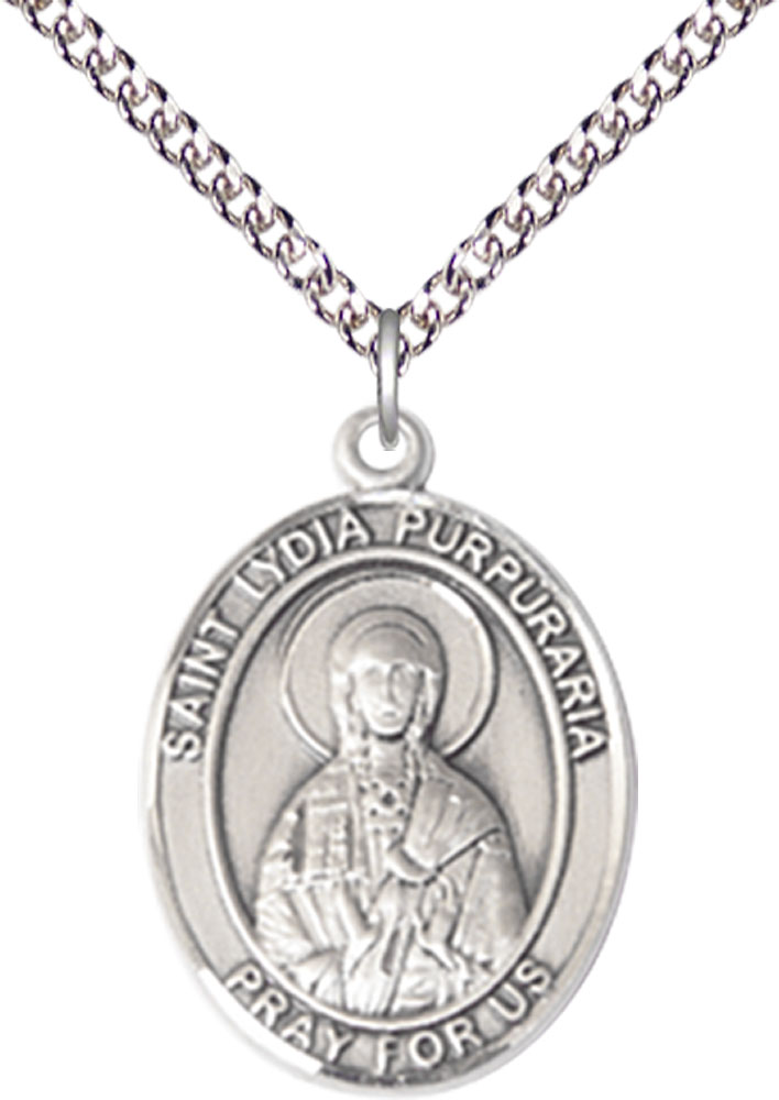 Sterling Silver Saint Lydia Purpuraria Pendant on a 24 inch Sterling Silver Heavy Curb chain