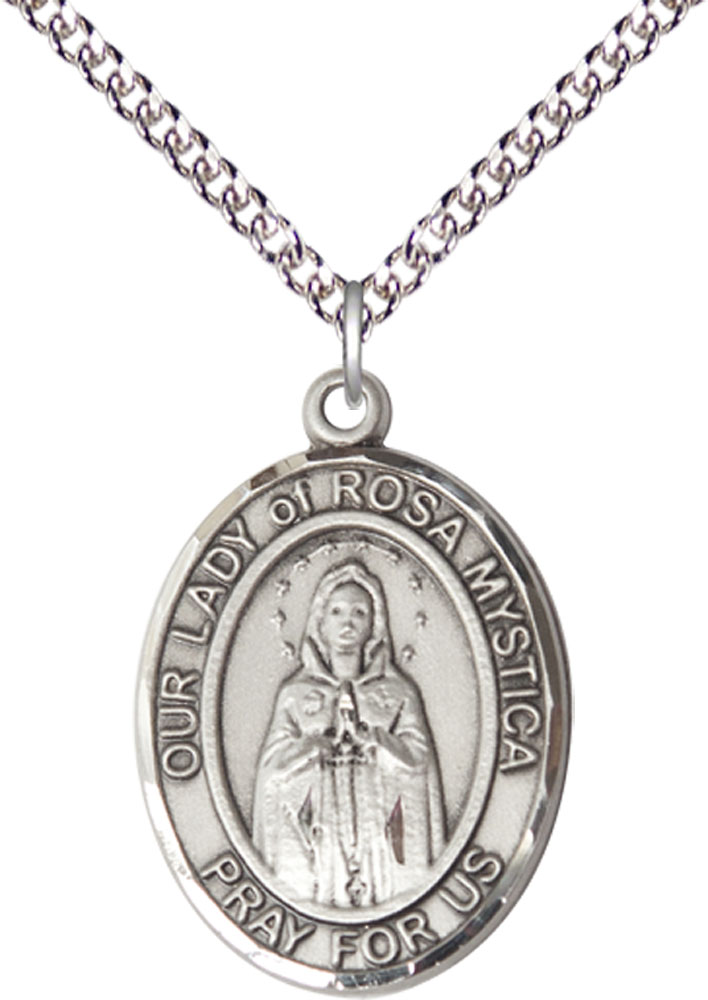Sterling Silver Our Lady of Rosa Mystica Pendant on a 24 inch Sterling Silver Heavy Curb chain