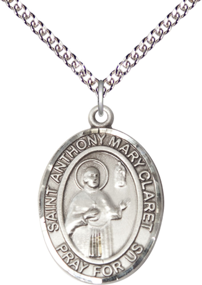 Sterling Silver Saint Anthony Mary Claret Pendant on a 24 inch Sterling Silver Heavy Curb chain
