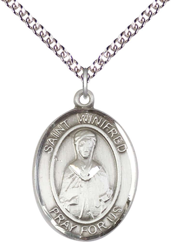 Sterling Silver Saint Winifred of Wales Pendant on a 24 inch Sterling Silver Heavy Curb chain