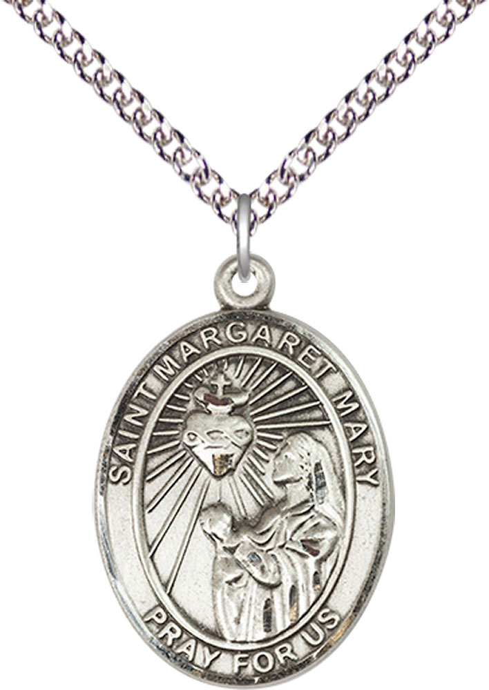 Sterling Silver Saint Margaret Mary Alacoque Pendant on a 24 inch Sterling Silver Heavy Curb chain