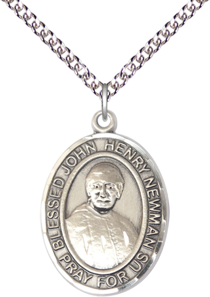 Sterling Silver Blessed John Henry Newman Pendant on a 24 inch Sterling Silver Heavy Curb chain