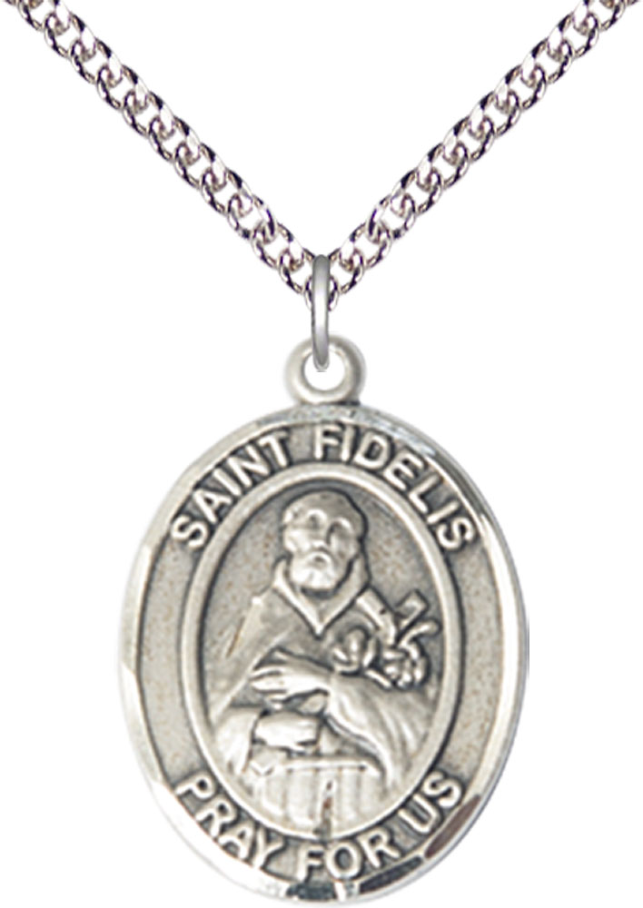 Sterling Silver Saint Fidelis Pendant on a 24 inch Sterling Silver Heavy Curb chain