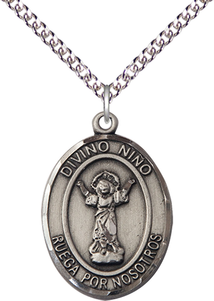 Sterling Silver Divino Nino Pendant on a 24 inch Sterling Silver Heavy Curb chain
