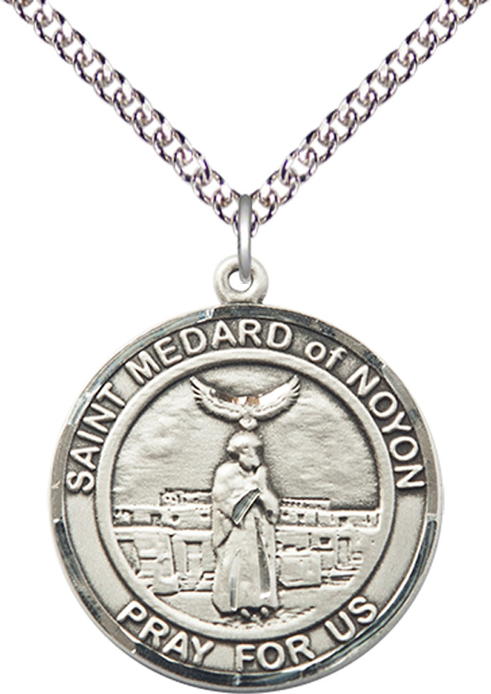 Sterling Silver Saint Medard of Noyon Pendant on a 24 inch Sterling Silver Heavy Curb chain