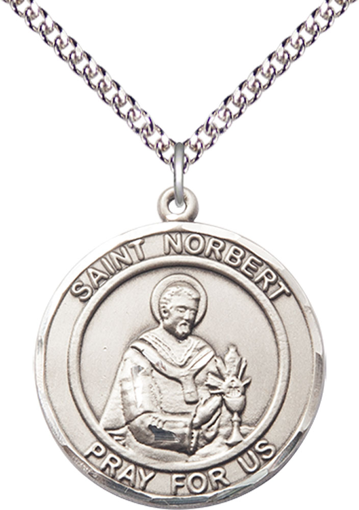 Sterling Silver Saint Norbert of Xanten Pendant on a 24 inch Sterling Silver Heavy Curb chain