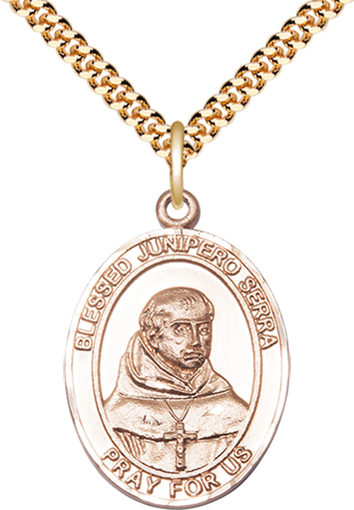 14kt Gold Filled Saint Junipero Serra Pendant on a 24 inch Gold Plate Heavy Curb chain
