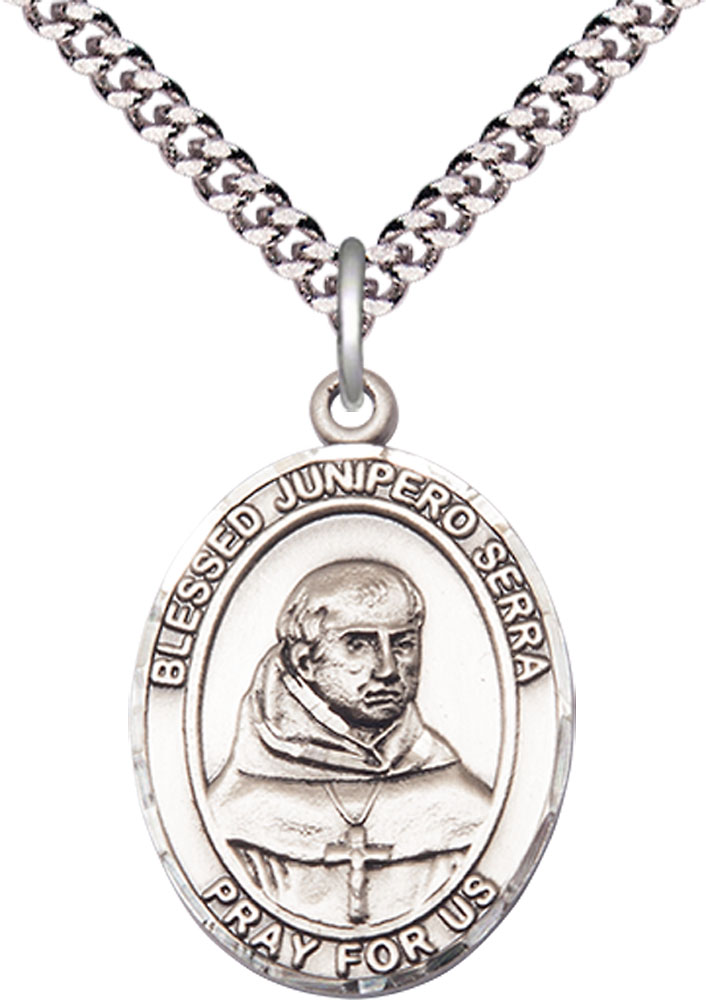 Sterling Silver Saint Junipero Serra Pendant on a 24 inch Light Rhodium Heavy Curb chain