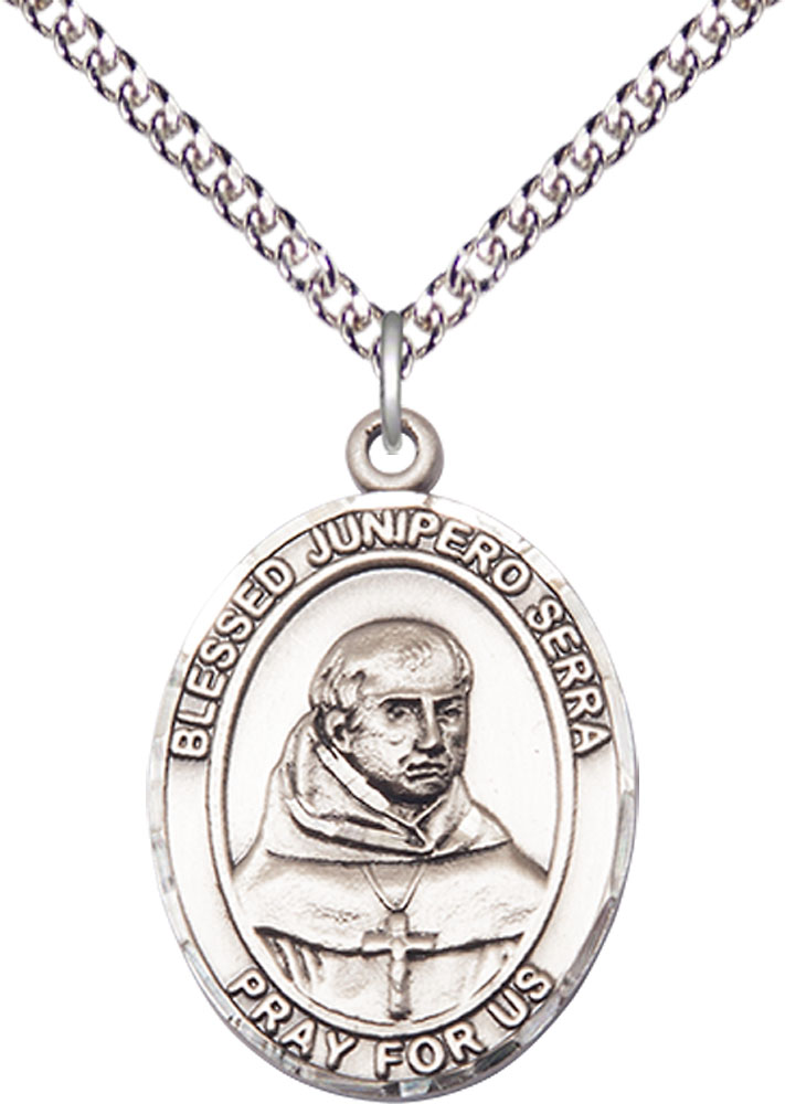 Sterling Silver Saint Junipero Serra Pendant on a 24 inch Sterling Silver Heavy Curb chain