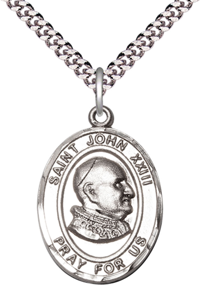 Sterling Silver Saint John XXIII Pendant on a 24 inch Light Rhodium Heavy Curb chain