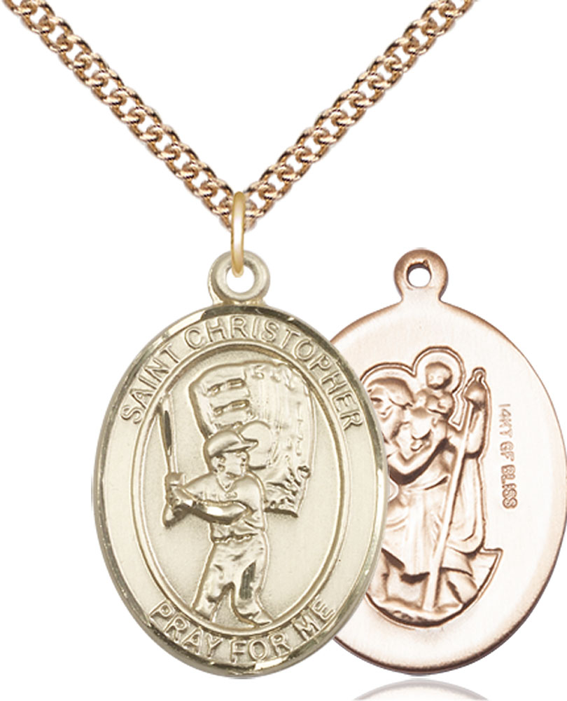 14kt Gold Filled Saint Christopher Baseball Pendant on a 24 inch Gold Filled Heavy Curb chain