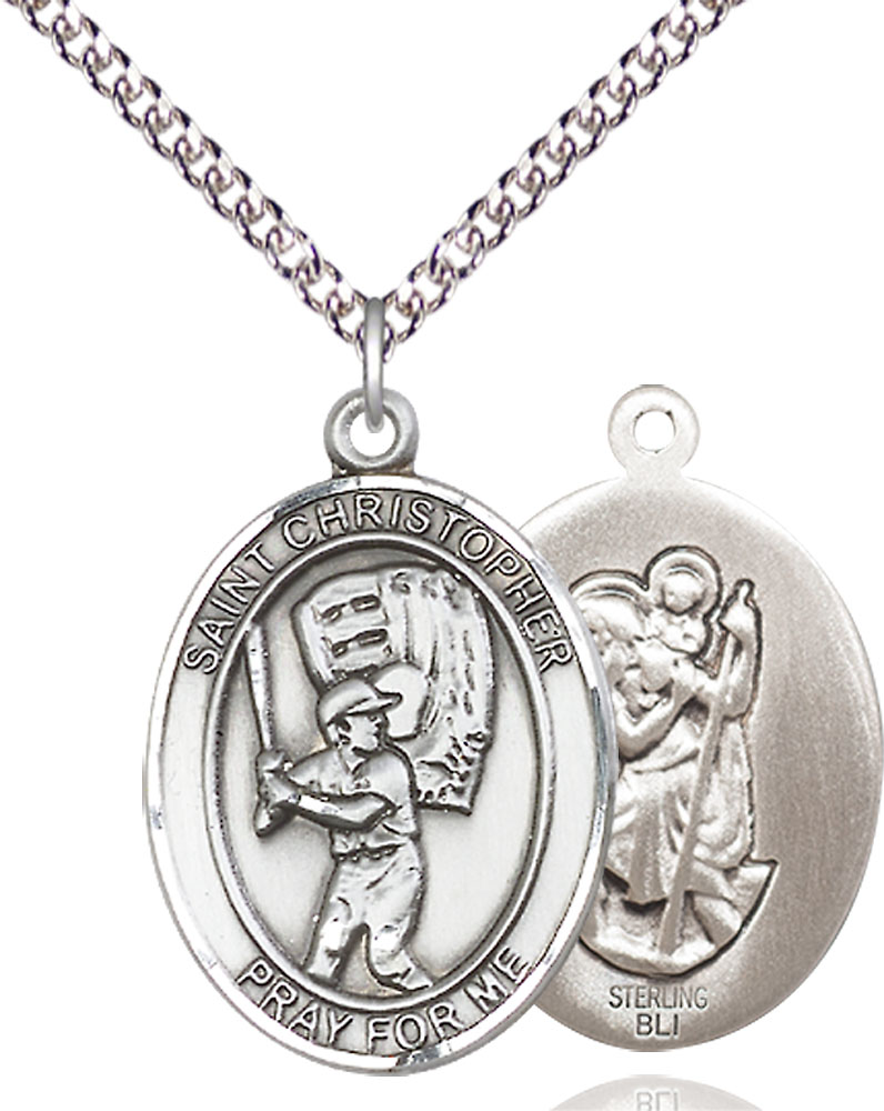 Sterling Silver Saint Christopher Baseball Pendant on a 24 inch Sterling Silver Heavy Curb chain