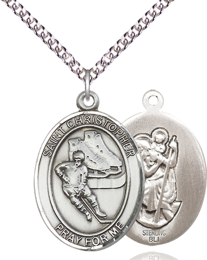 Sterling Silver Saint Christopher Hockey Pendant on a 24 inch Sterling Silver Heavy Curb chain