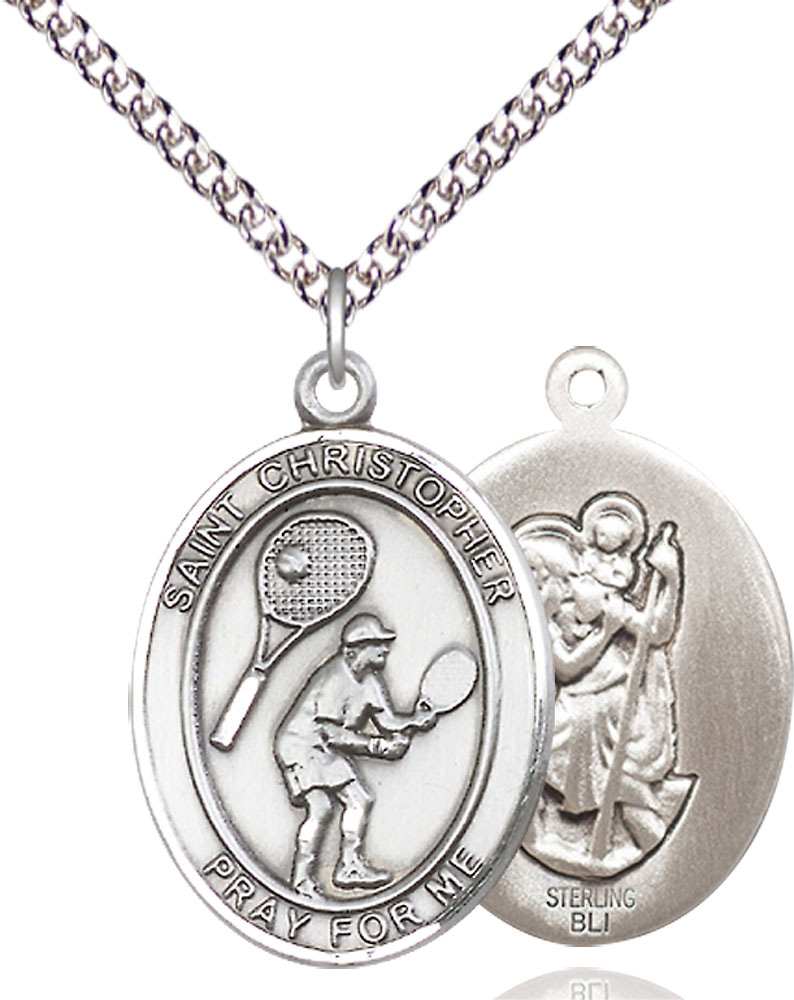 Sterling Silver Saint Christopher Tennis Pendant on a 24 inch Sterling Silver Heavy Curb chain