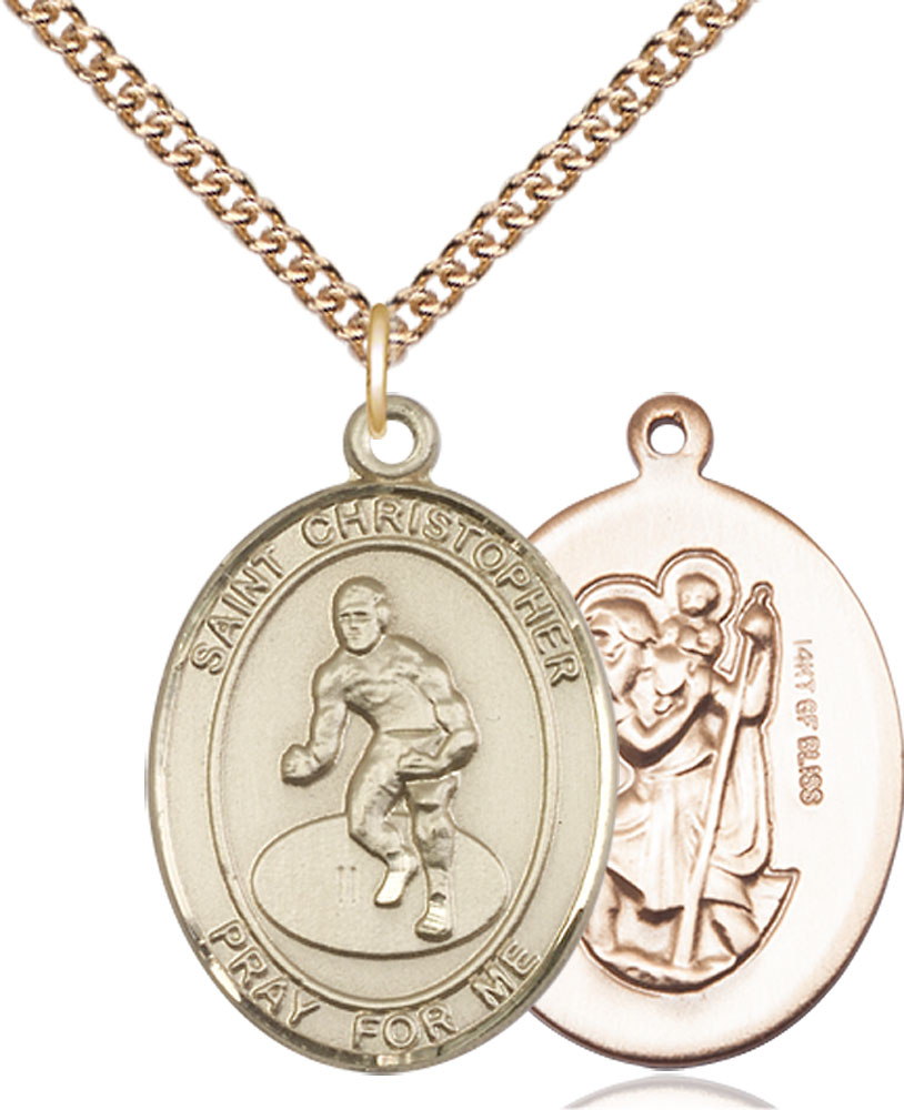 14kt Gold Filled Saint Christopher Wrestling Pendant on a 24 inch Gold Filled Heavy Curb chain