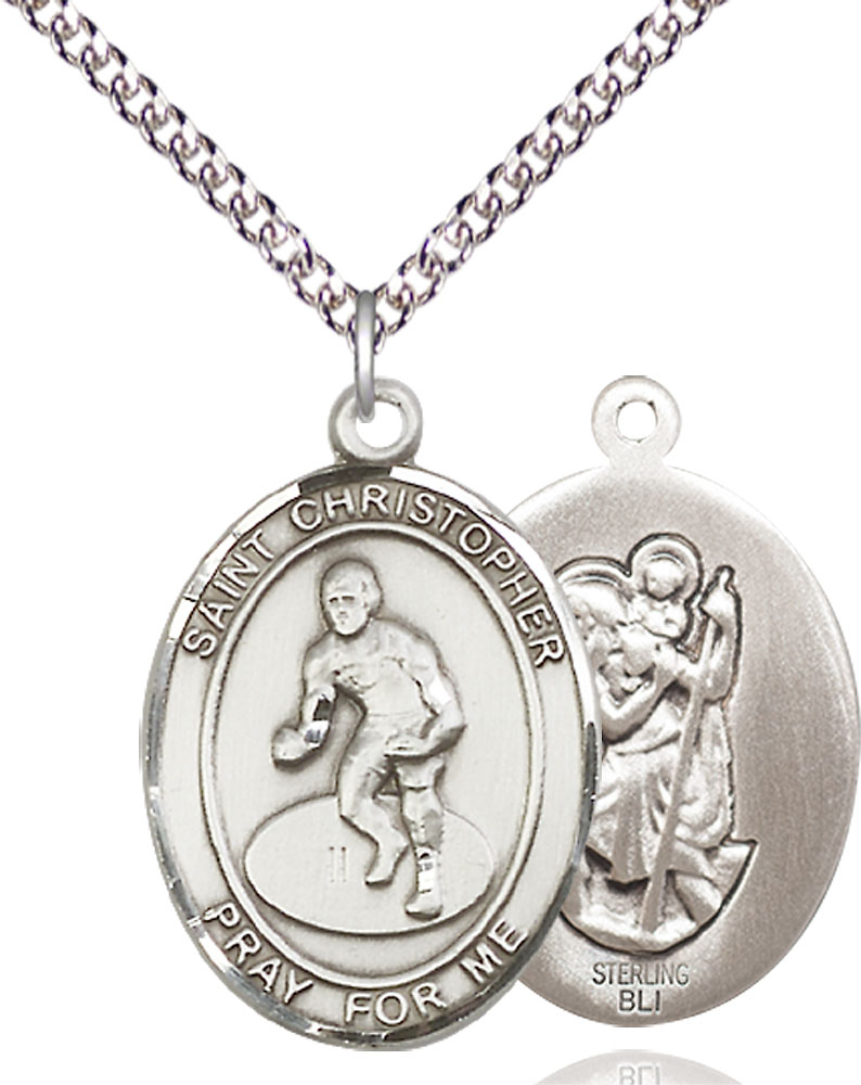 Sterling Silver Saint Christopher Wrestling Pendant on a 24 inch Sterling Silver Heavy Curb chain