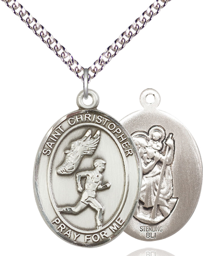 Sterling Silver Saint Christopher Track&amp;Field Pendant on a 24 inch Sterling Silver Heavy Curb chain
