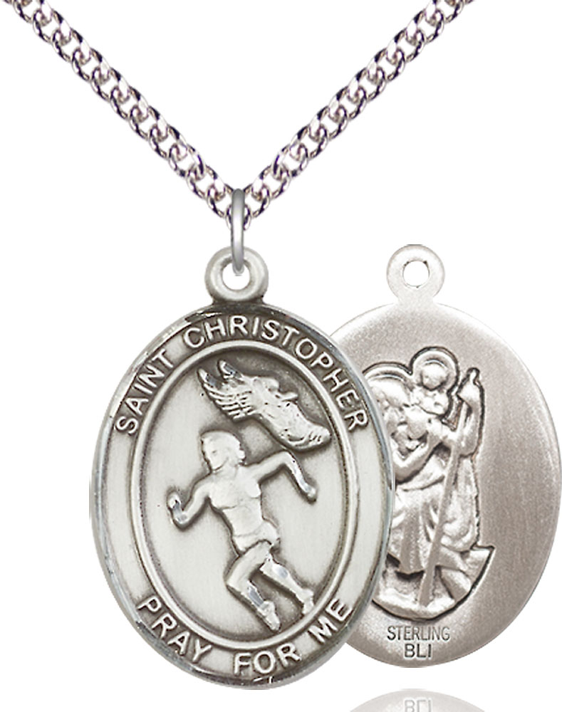 Sterling Silver Saint Christopher Track&amp;Field Pendant on a 24 inch Sterling Silver Heavy Curb chain