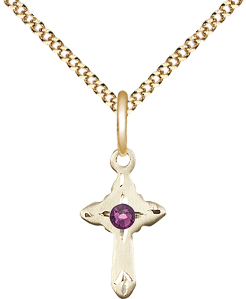 14kt Gold Filled Cross Pendant with a 3mm Amethyst Swarovski stone on a 18 inch Gold Plate Light Curb chain