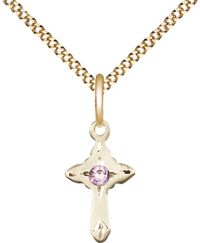 14kt Gold Filled Cross Pendant with a 3mm Light Amethyst Swarovski stone on a 18 inch Gold Plate Light Curb chain