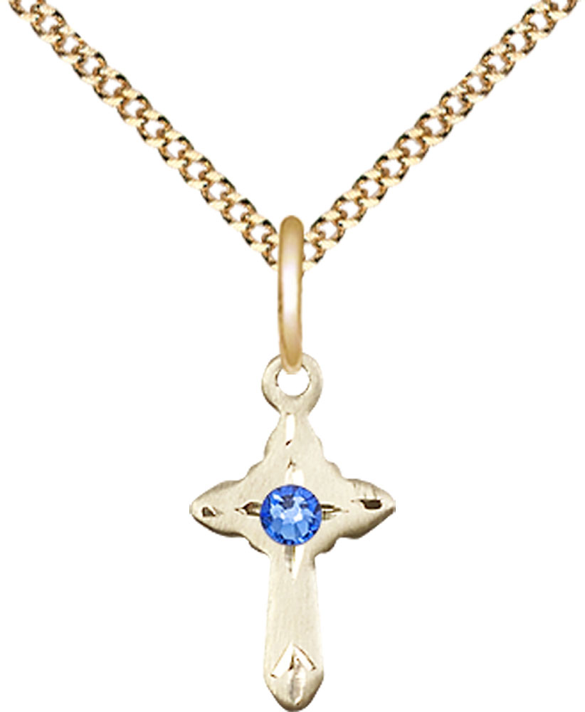 14kt Gold Filled Cross Pendant with a 3mm Sapphire Swarovski stone on a 18 inch Gold Plate Light Curb chain