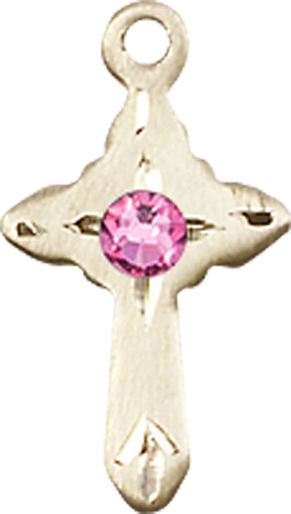 14kt Gold Cross Medal with a 3mm Rose Swarovski stone