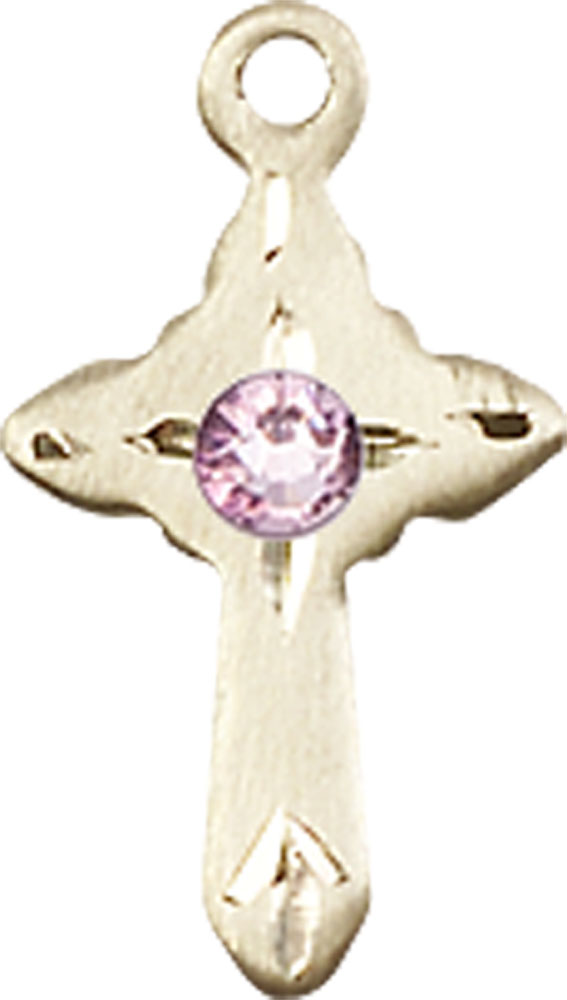 14kt Gold Cross Medal with a 3mm Light Amethyst Swarovski stone
