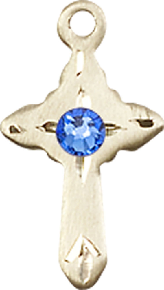 14kt Gold Cross Medal with a 3mm Sapphire Swarovski stone