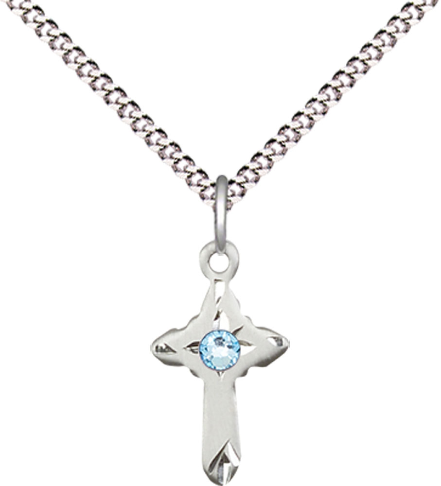 Sterling Silver Cross Pendant with a 3mm Aqua Swarovski stone on a 18 inch Light Rhodium Light Curb chain
