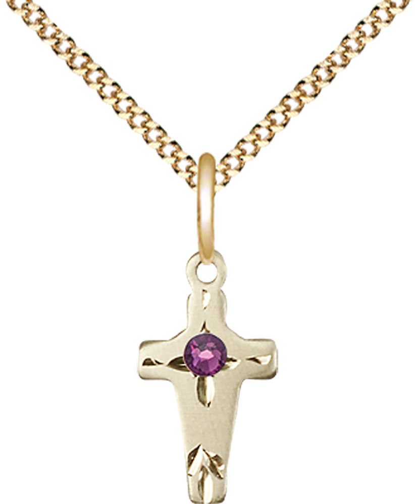 14kt Gold Filled Cross Pendant with a 3mm Amethyst Swarovski stone on a 18 inch Gold Plate Light Curb chain