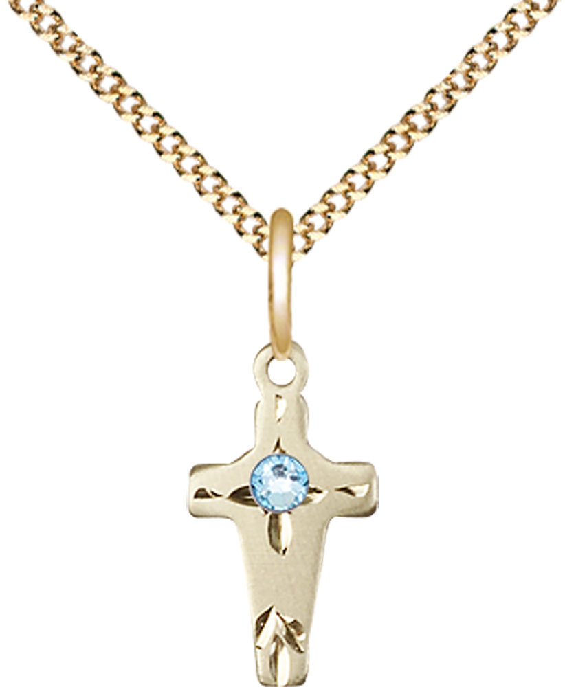 14kt Gold Filled Cross Pendant with a 3mm Aqua Swarovski stone on a 18 inch Gold Plate Light Curb chain