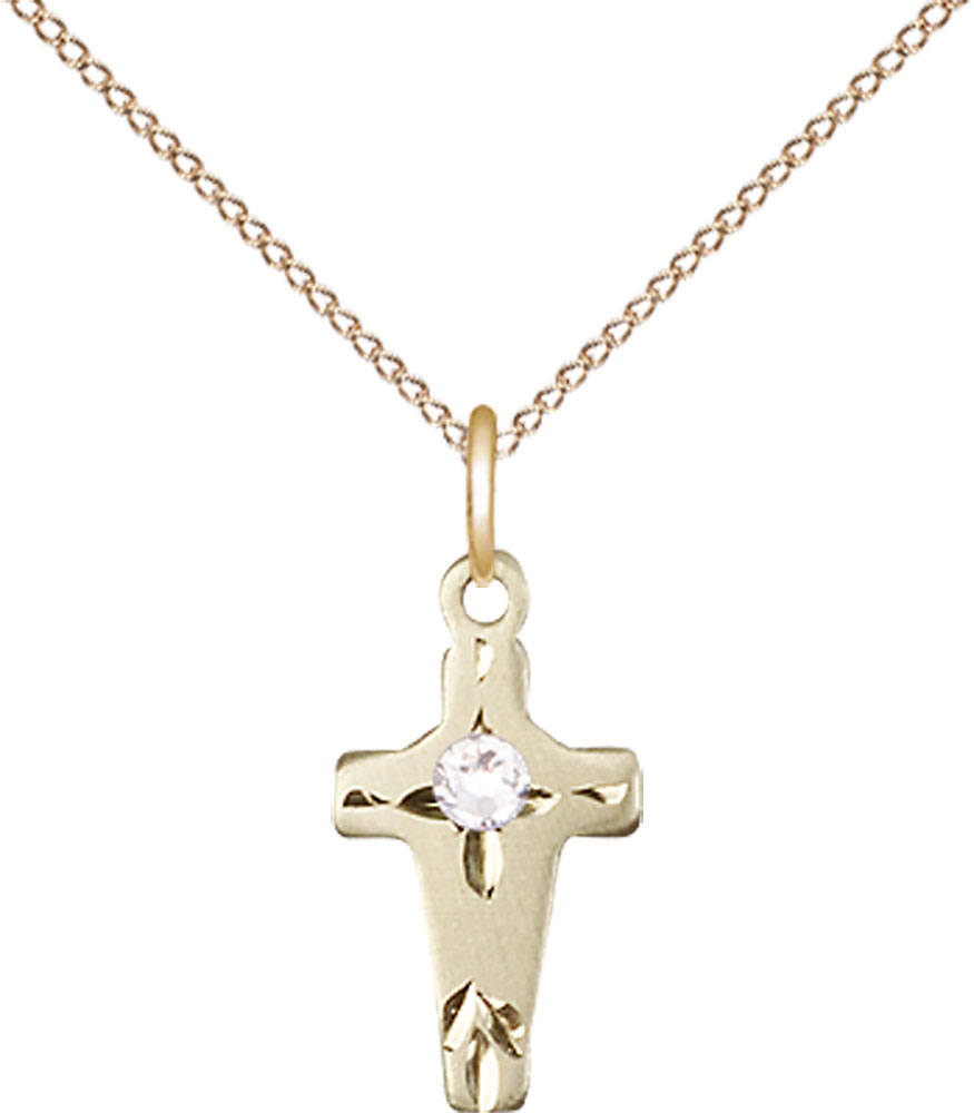 14kt Gold Filled Cross Pendant with a 3mm Crystal Swarovski stone on a 18 inch Gold Filled Light Curb chain