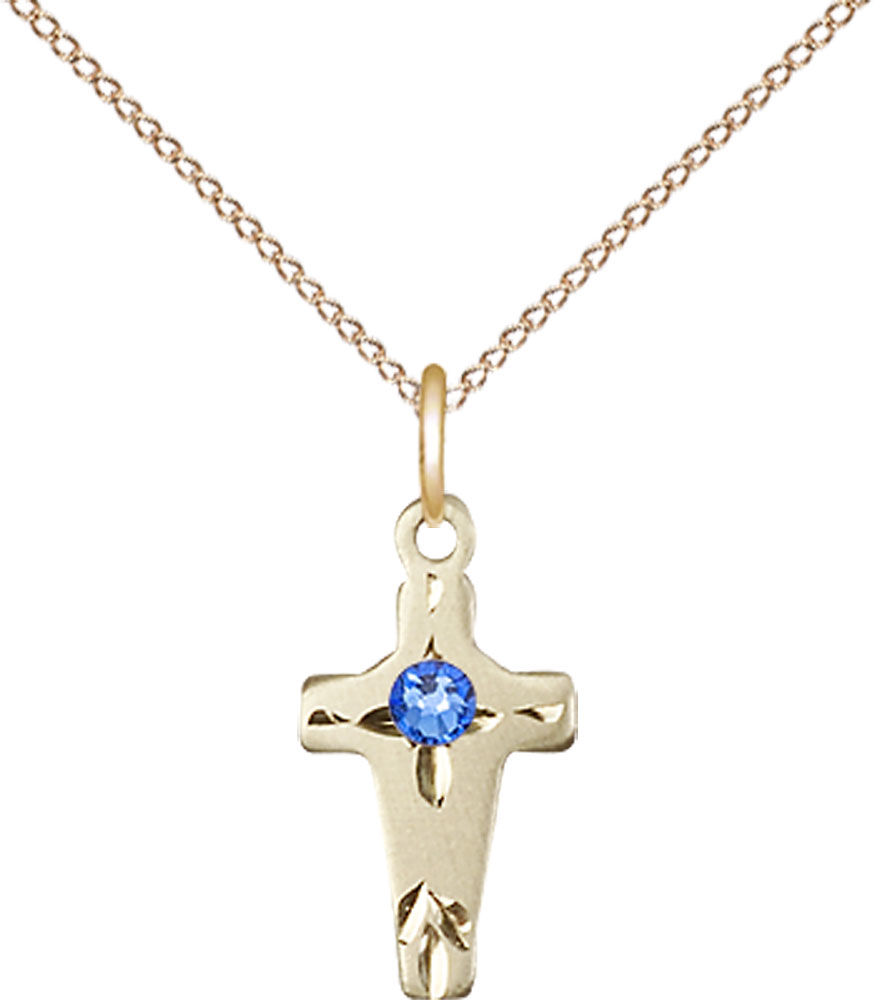 14kt Gold Filled Cross Pendant with a 3mm Sapphire Swarovski stone on a 18 inch Gold Filled Light Curb chain