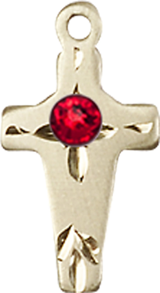 14kt Gold Cross Medal with a 3mm Ruby Swarovski stone