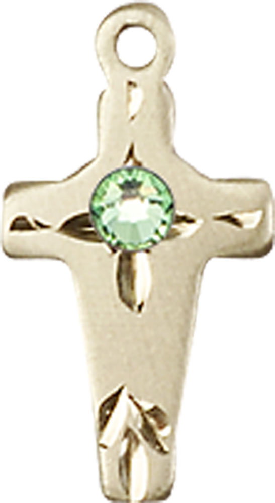 14kt Gold Cross Medal with a 3mm Peridot Swarovski stone