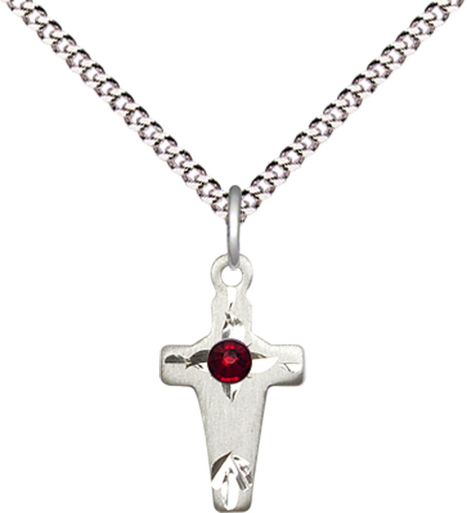 Sterling Silver Cross Pendant with a 3mm Garnet Swarovski stone on a 18 inch Light Rhodium Light Curb chain