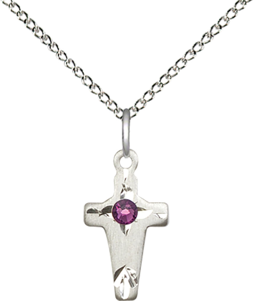 Sterling Silver Cross Pendant with a 3mm Amethyst Swarovski stone on a 18 inch Sterling Silver Light Curb chain