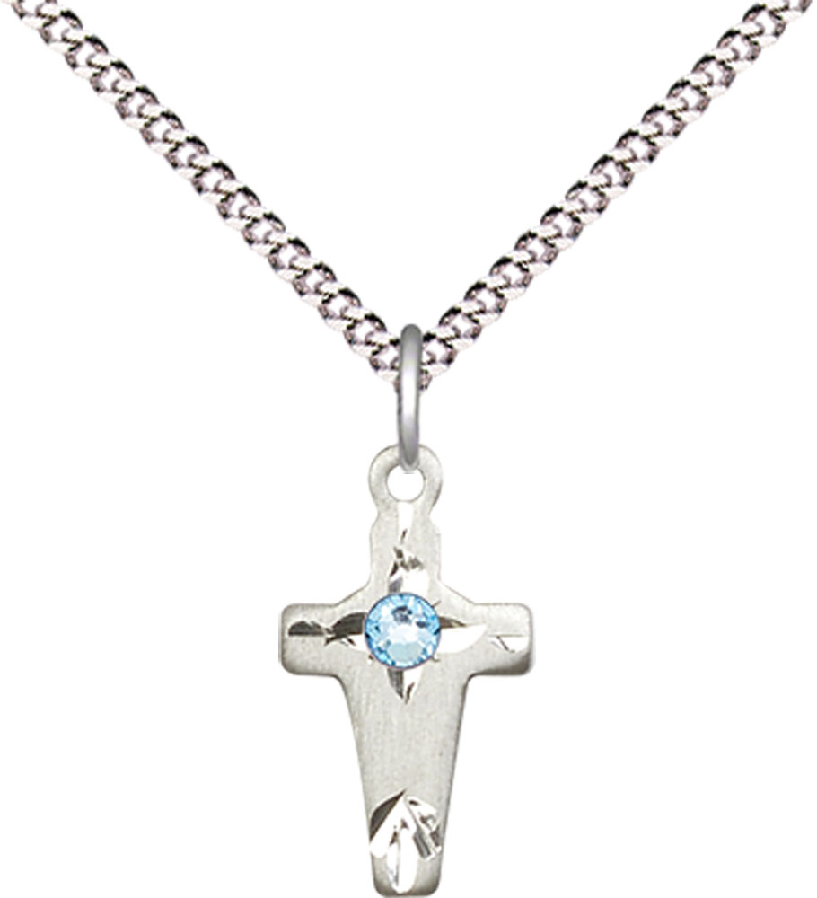 Sterling Silver Cross Pendant with a 3mm Aqua Swarovski stone on a 18 inch Light Rhodium Light Curb chain