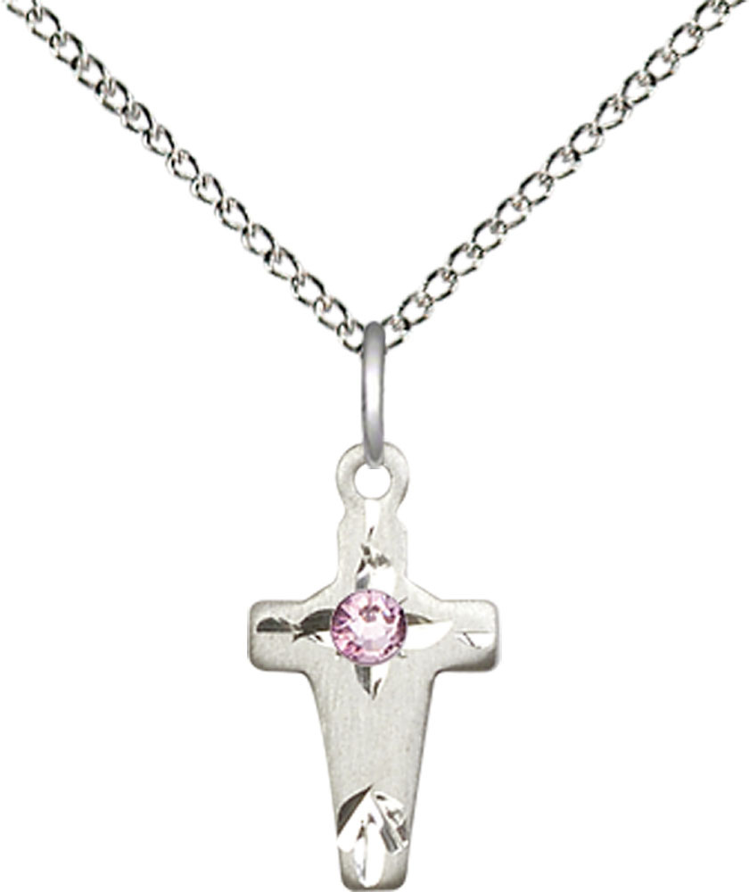 Sterling Silver Cross Pendant with a 3mm Light Amethyst Swarovski stone on a 18 inch Sterling Silver Light Curb chain