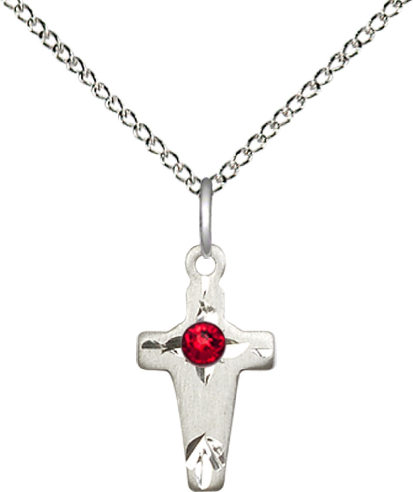 Sterling Silver Cross Pendant with a 3mm Ruby Swarovski stone on a 18 inch Sterling Silver Light Curb chain