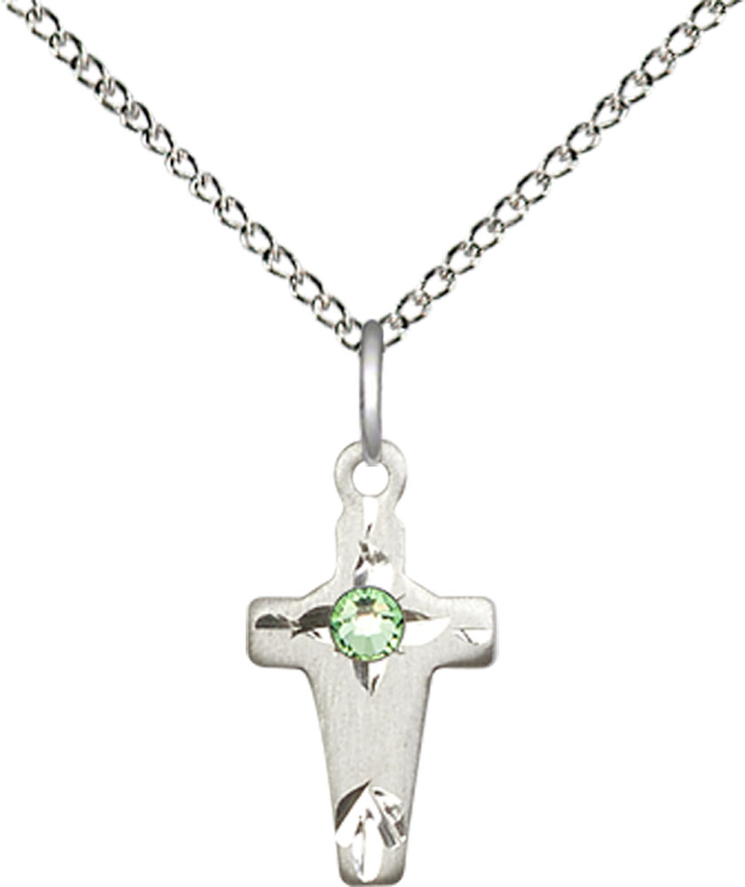 Sterling Silver Cross Pendant with a 3mm Peridot Swarovski stone on a 18 inch Sterling Silver Light Curb chain