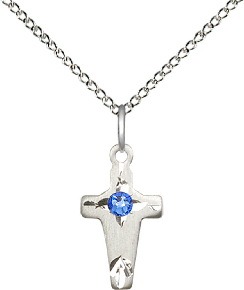 Sterling Silver Cross Pendant with a 3mm Sapphire Swarovski stone on a 18 inch Sterling Silver Light Curb chain