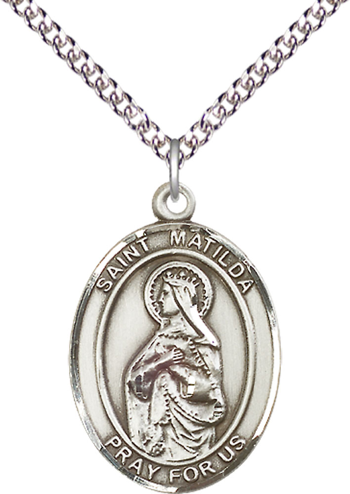 Sterling Silver Saint Matilda Pendant on a 24 inch Sterling Silver Heavy Curb chain