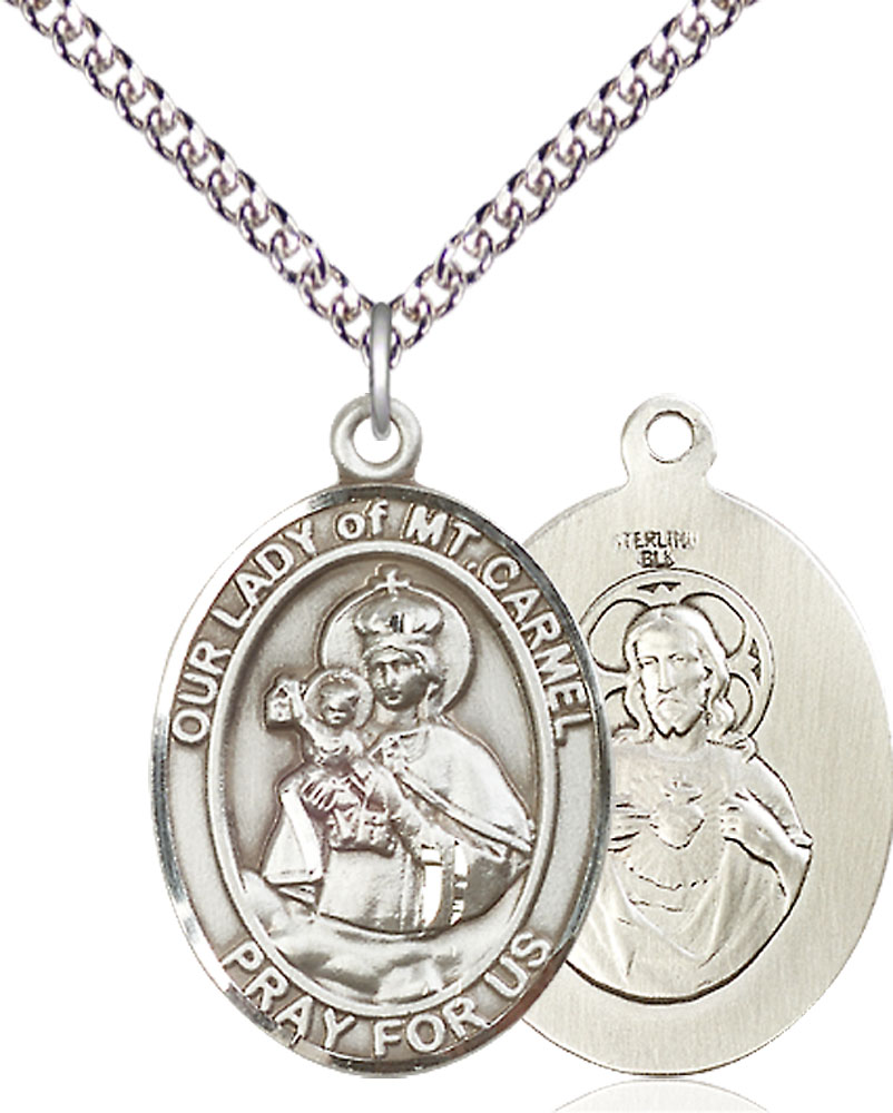 Sterling Silver Our Lady of Mount Carmel Pendant on a 24 inch Sterling Silver Heavy Curb chain