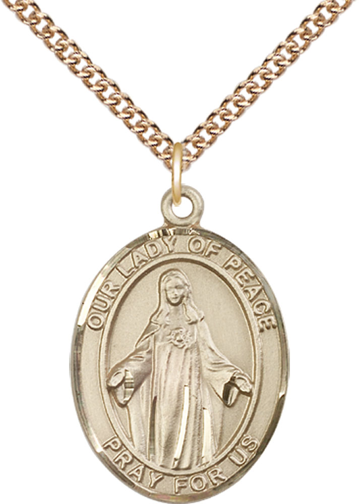 14kt Gold Filled Our Lady of Peace Pendant on a 24 inch Gold Filled Heavy Curb chain
