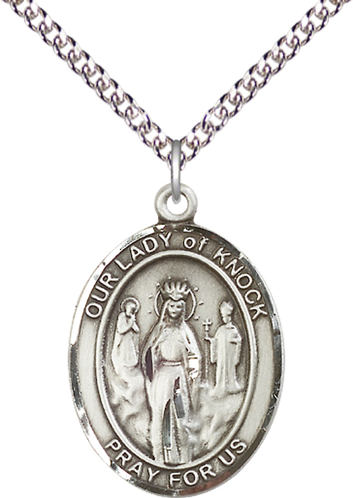Sterling Silver Our Lady of Knock Pendant on a 24 inch Sterling Silver Heavy Curb chain