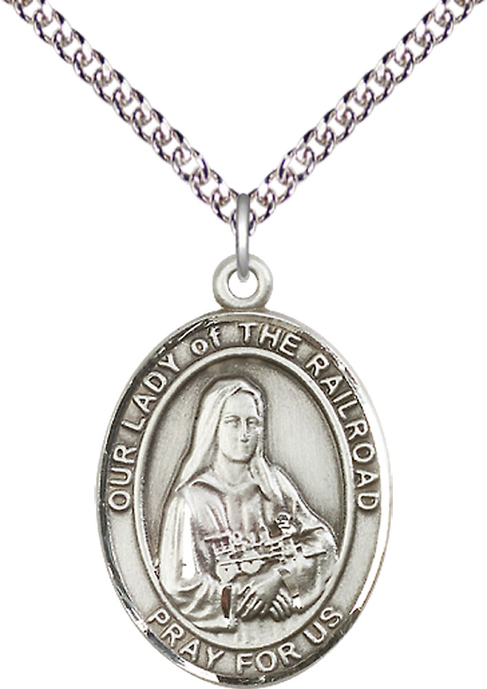 Sterling Silver Our Lady of the Railroad Pendant on a 24 inch Sterling Silver Heavy Curb chain