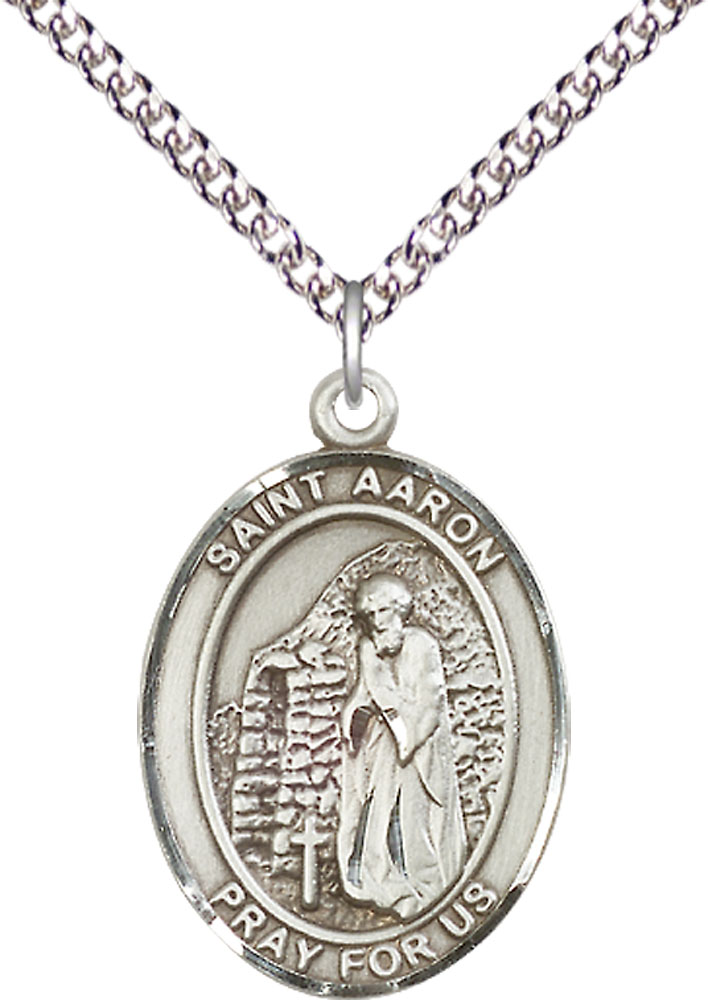 Sterling Silver Saint Aaron Pendant on a 24 inch Sterling Silver Heavy Curb chain