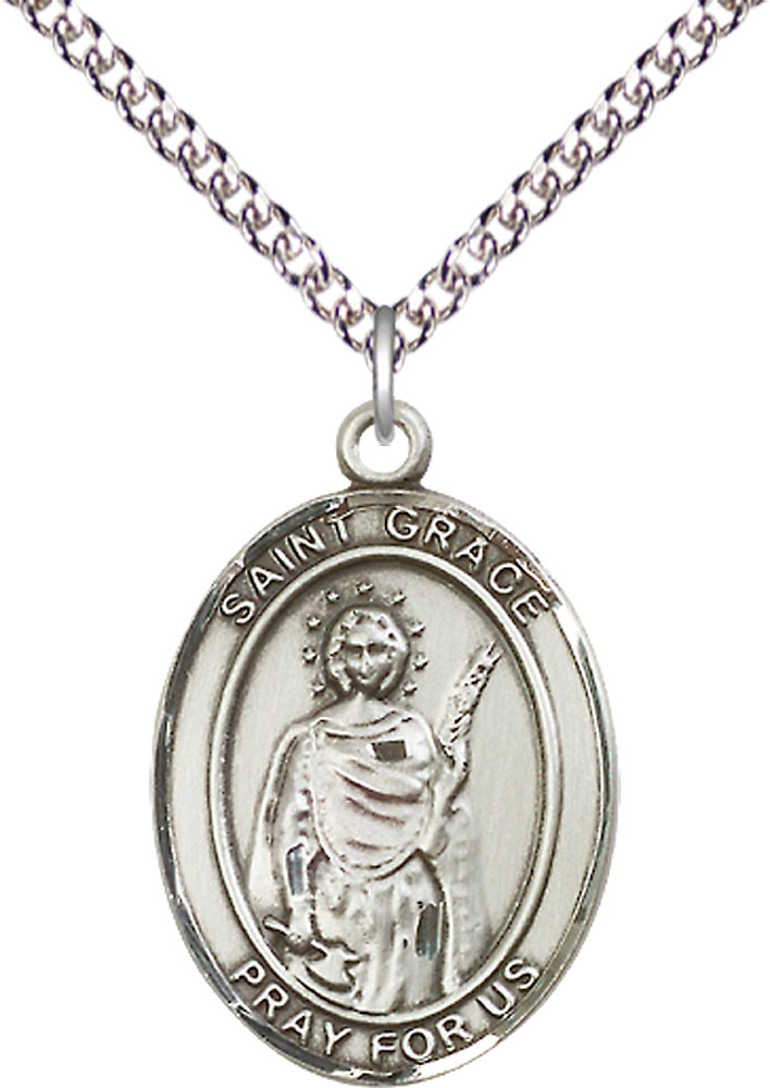 Sterling Silver Saint Grace Pendant on a 24 inch Sterling Silver Heavy Curb chain